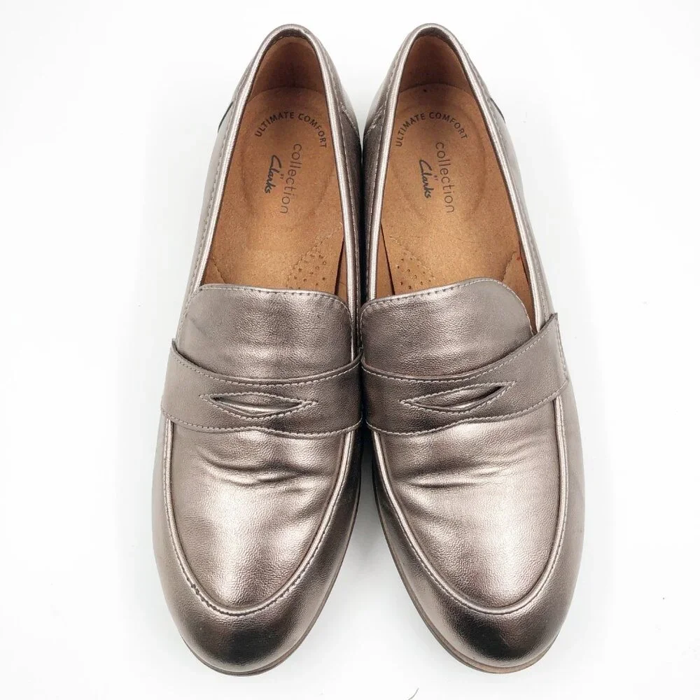 CLARKS Collection Shoes Womens 8.5 Bronze Shimmer Metallic Penny Loafers